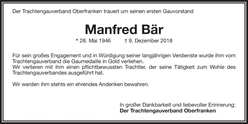  Traueranzeige für Manfred Bär vom 12.12.2018 aus Nordbayerischer Kurier