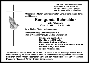 Anzeige von Kunigunda Schneider von Nordbayerischer Kurier