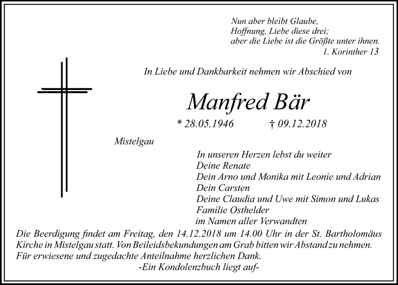  Traueranzeige für Manfred Bär vom 12.12.2018 aus Nordbayerischer Kurier