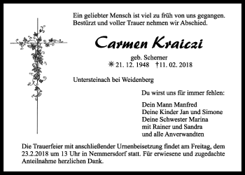 Anzeige von Carmen Kraiczi von Nordbayerischer Kurier