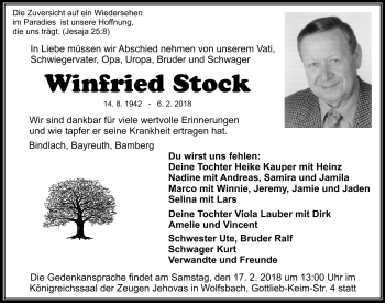 Anzeige von Winfried Stock von Nordbayerischer Kurier