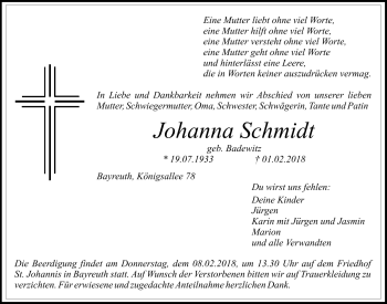 Anzeige von Johanna Schmidt von Nordbayerischer Kurier
