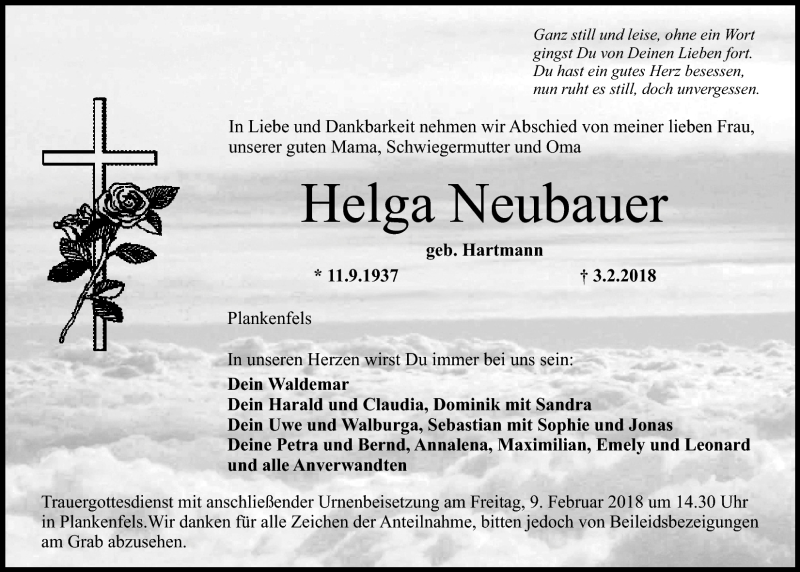  Traueranzeige für Helga Neubauer vom 07.02.2018 aus Nordbayerischer Kurier