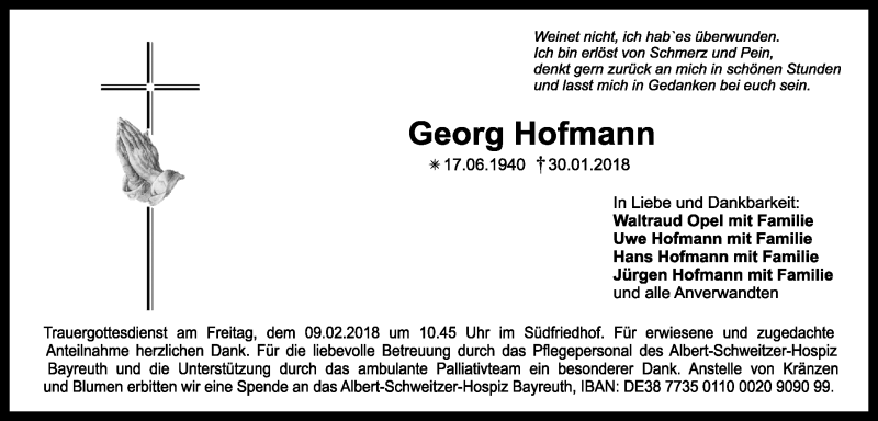  Traueranzeige für Georg Hofmann vom 06.02.2018 aus Nordbayerischer Kurier