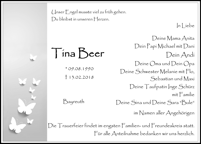  Traueranzeige für Tina Beer vom 17.02.2018 aus Nordbayerischer Kurier
