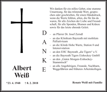Anzeige von Albert Weiß von Nordbayerischer Kurier