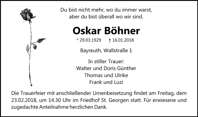  Traueranzeige für Oskar Böhner vom 17.02.2018 aus Nordbayerischer Kurier