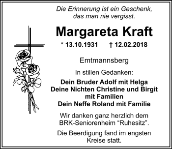 Anzeige von Margareta Kraft von Nordbayerischer Kurier