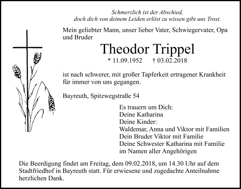  Traueranzeige für Theodor Trippel vom 06.02.2018 aus Nordbayerischer Kurier
