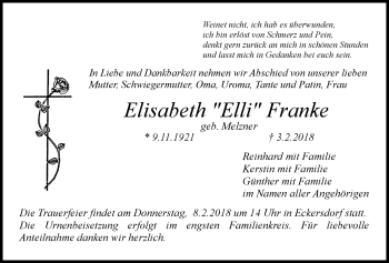 Anzeige von Elisabeth Franke von Nordbayerischer Kurier