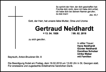 Anzeige von Gertraud Neidhardt von Nordbayerischer Kurier