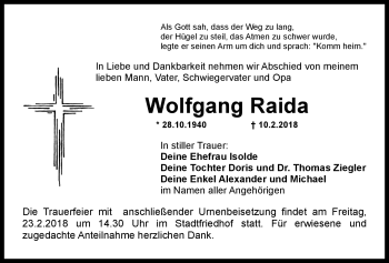 Anzeige von Wolfgang Raida von Nordbayerischer Kurier