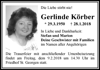 Anzeige von Gerlinde Körber von Nordbayerischer Kurier