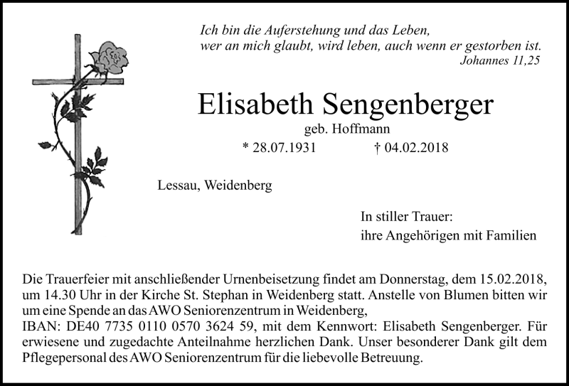 Traueranzeige für Elisabeth Sengenberger vom 13.02.2018 aus Nordbayerischer Kurier