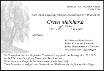 Anzeige von Gretel Meinhardt von Nordbayerischer Kurier