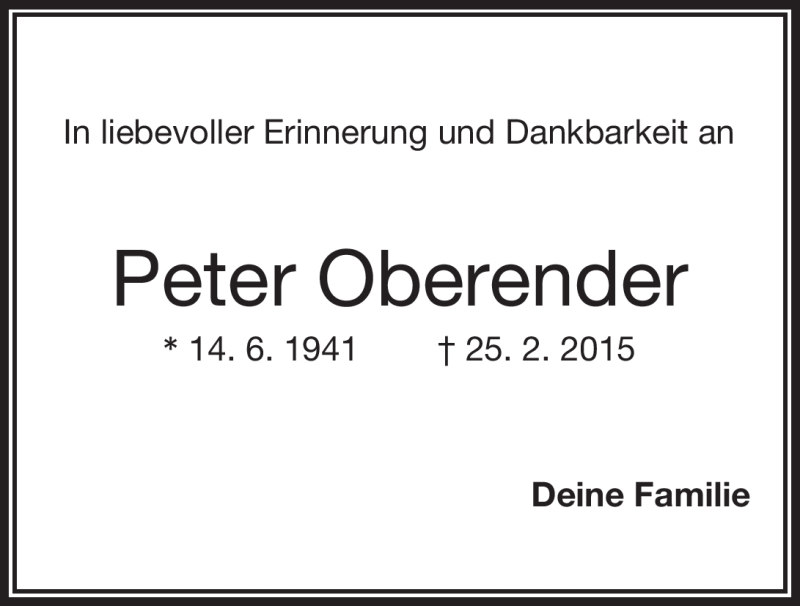  Traueranzeige für Peter Oberender vom 24.02.2018 aus Nordbayerischer Kurier