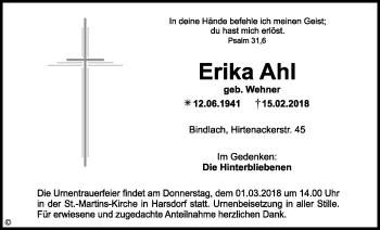 Anzeige von Erika Ahl von Nordbayerischer Kurier