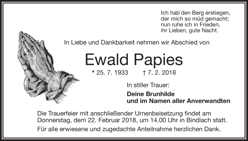  Traueranzeige für Ewald Papies vom 20.02.2018 aus Nordbayerischer Kurier