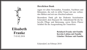 Anzeige von Elisabeth Franke von Nordbayerischer Kurier