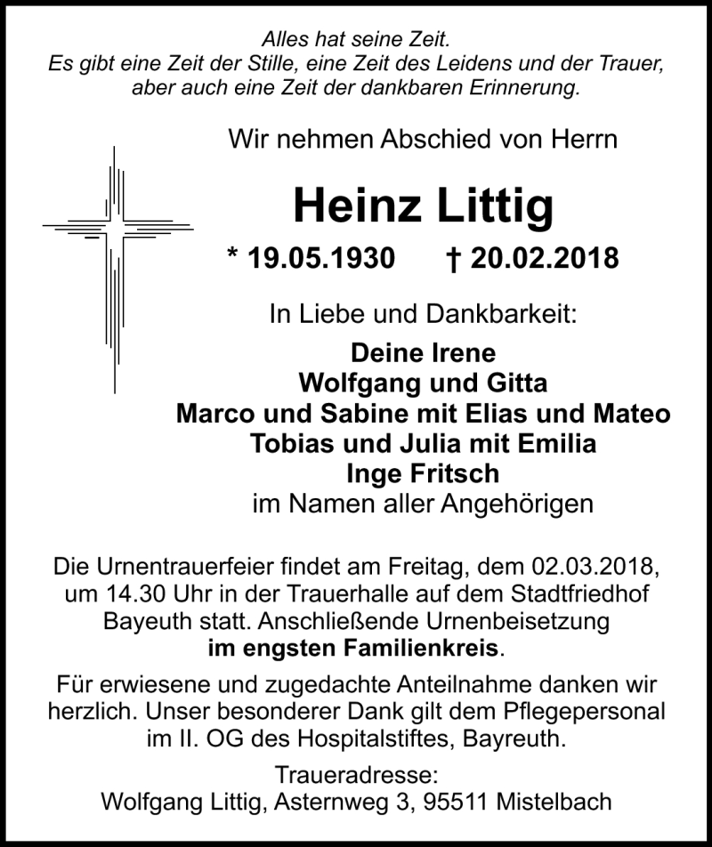  Traueranzeige für Heinz Littig vom 27.02.2018 aus Nordbayerischer Kurier