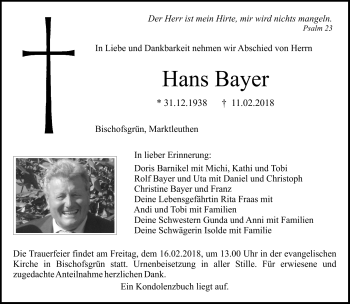 Anzeige von Hans Beyer von Nordbayerischer Kurier
