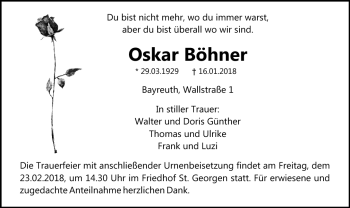 Anzeige von Oskar Böhner von Nordbayerischer Kurier