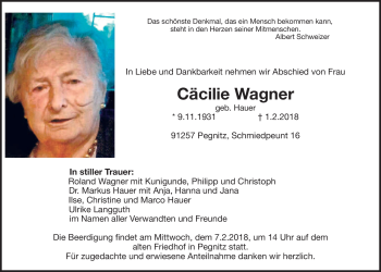 Anzeige von Cäcilie Wagner von Nordbayerischer Kurier