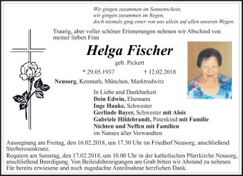 Anzeige von Helga Fischer von Nordbayerischer Kurier
