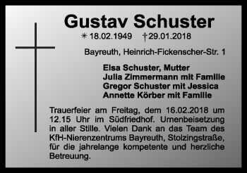Anzeige von Gustav Schuster von Nordbayerischer Kurier