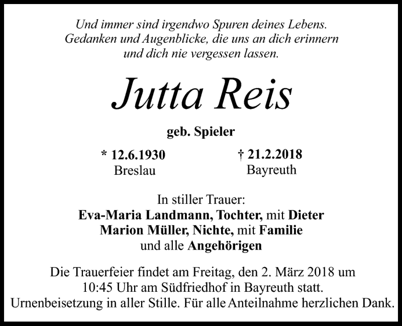  Traueranzeige für Jutta Reis vom 27.02.2018 aus Nordbayerischer Kurier