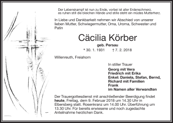 Anzeige von Cäcilia Körber von Nordbayerischer Kurier