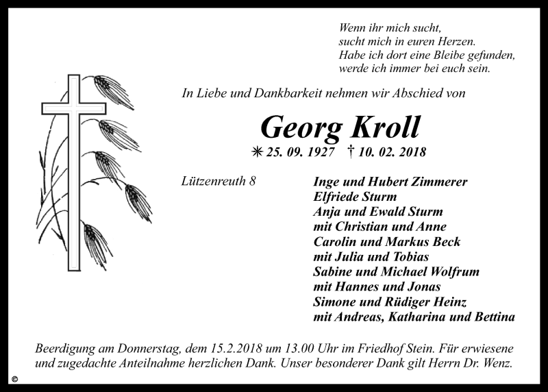  Traueranzeige für Georg Kroll vom 13.02.2018 aus Nordbayerischer Kurier