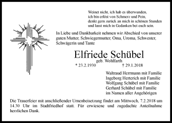 Anzeige von Elfriede Schübel von Nordbayerischer Kurier