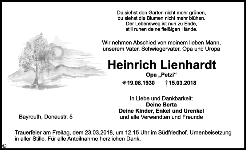  Traueranzeige für Heinrich Lienhardt vom 20.03.2018 aus Nordbayerischer Kurier