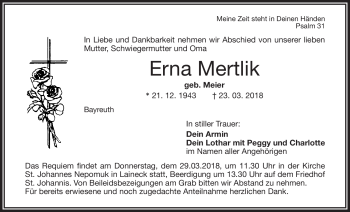 Anzeige von Erna Mertlik von Nordbayerischer Kurier