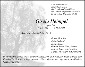 Anzeige von Gisela Heimpel von Nordbayerischer Kurier