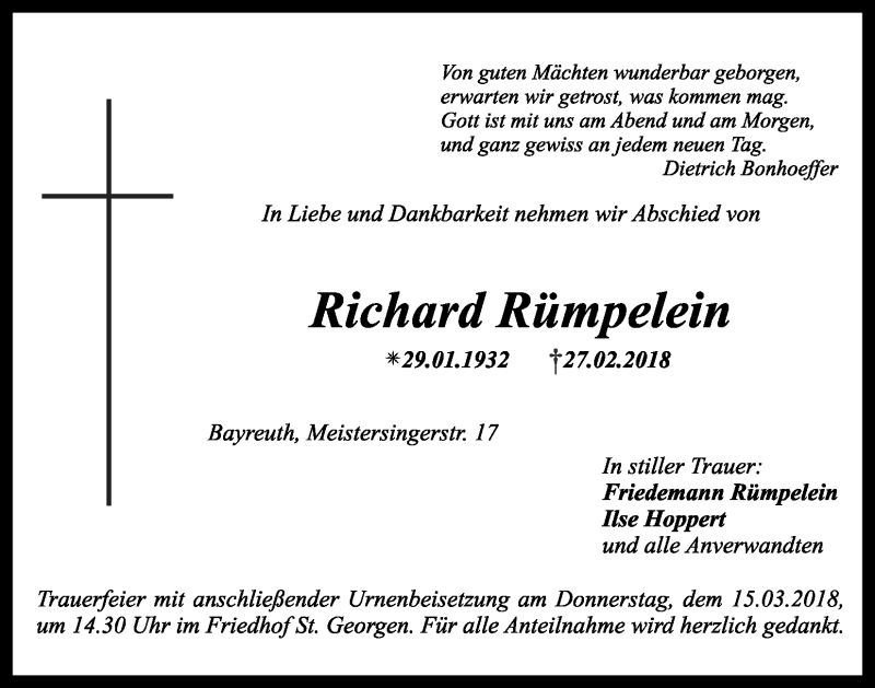  Traueranzeige für Richard Rümpelein vom 10.03.2018 aus Nordbayerischer Kurier
