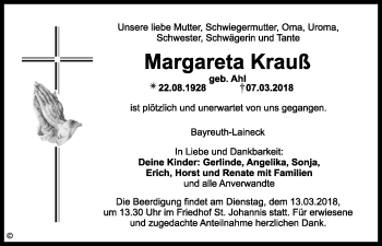Anzeige von Margareta Krauß von Nordbayerischer Kurier