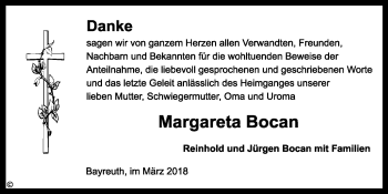 Anzeige von Margareta Bocan von Nordbayerischer Kurier