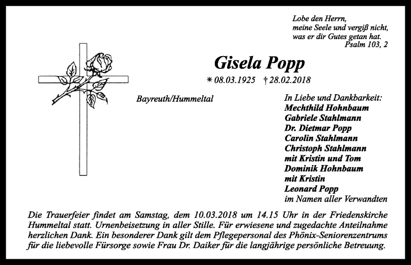  Traueranzeige für Gisela Popp vom 07.03.2018 aus Nordbayerischer Kurier