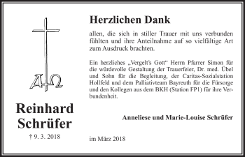 Anzeige von Reinhard Schrüfer von Nordbayerischer Kurier