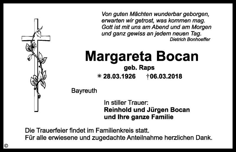  Traueranzeige für Margareta Bocan vom 10.03.2018 aus Nordbayerischer Kurier