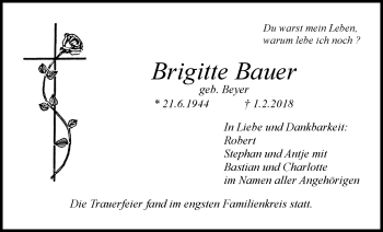 Anzeige von Brigitte Bauer von Nordbayerischer Kurier