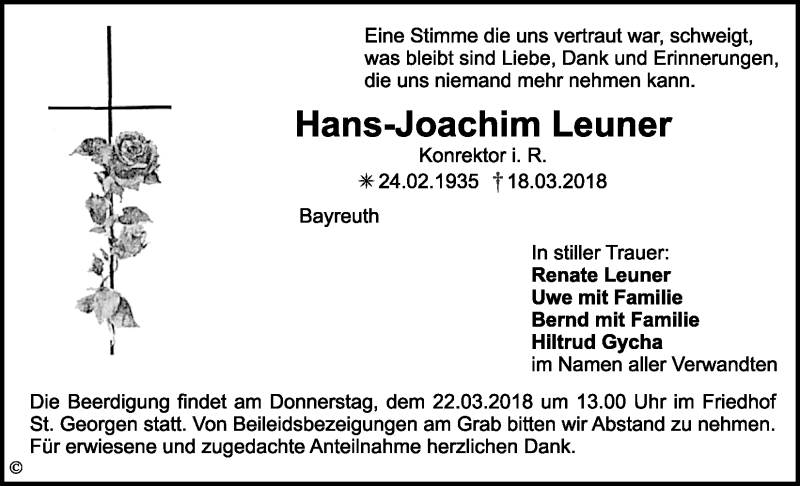  Traueranzeige für Hans-Joachim Leuner vom 21.03.2018 aus Nordbayerischer Kurier