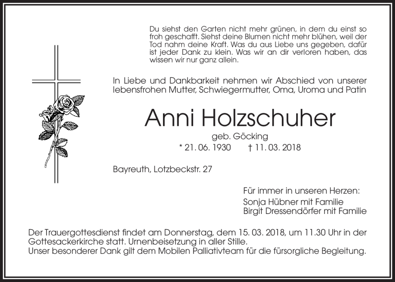  Traueranzeige für Anni Holzschuher vom 14.03.2018 aus Nordbayerischer Kurier
