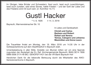Anzeige von Gustl Hacker von Nordbayerischer Kurier