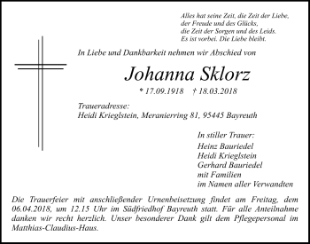 Anzeige von Johanna Sklorz von Nordbayerischer Kurier