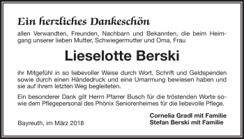 Anzeige von Lieselotte Berski von Nordbayerischer Kurier