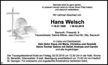 Anzeige von Hans Welsch von Nordbayerischer Kurier