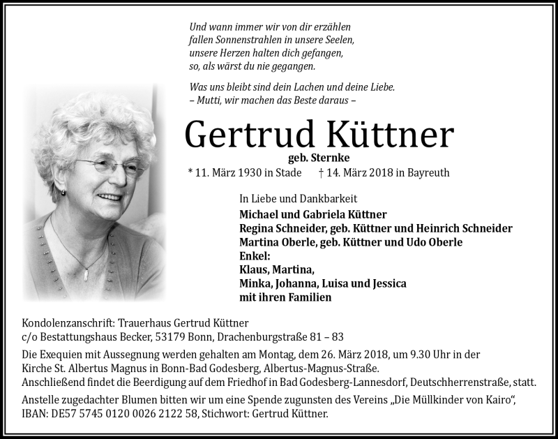 Traueranzeigen von Gertrud Küttner | Nordbayerischer Kurier